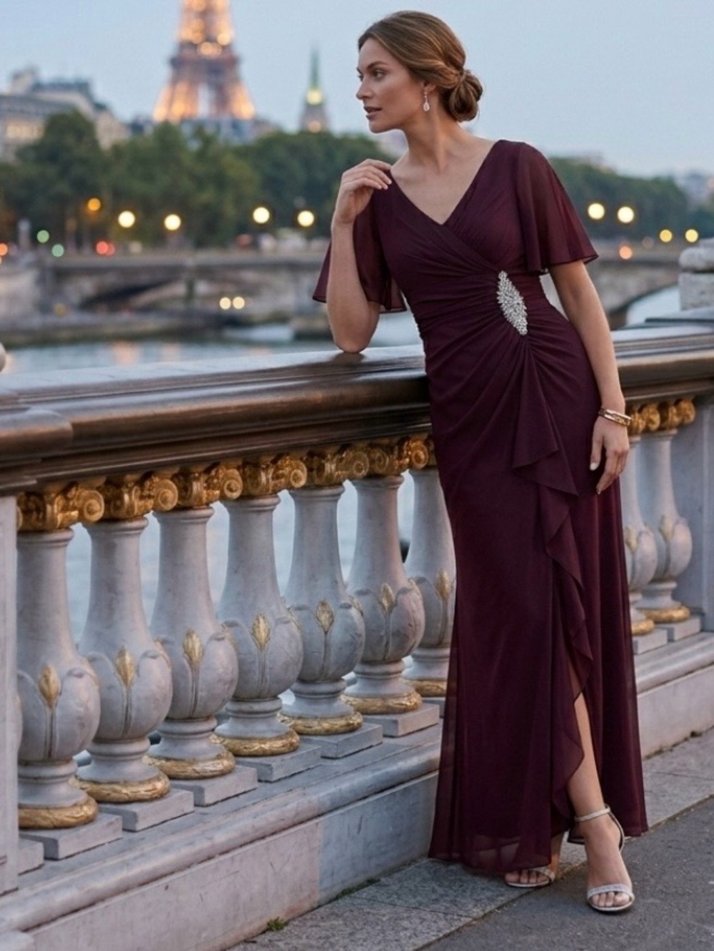Alex Evenings Wine Mesh Flutter Sleeve Gown Embellished Ruched Formal Dress 16